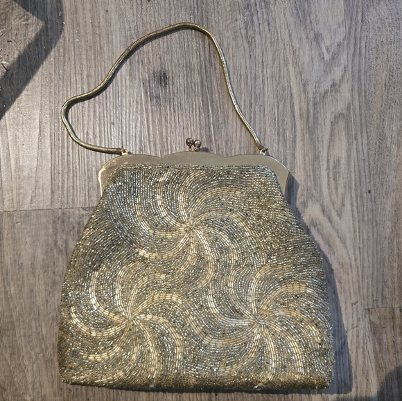 Unsigned Handbags - Mid-Century Vintage Gold Beaded Evening Bag